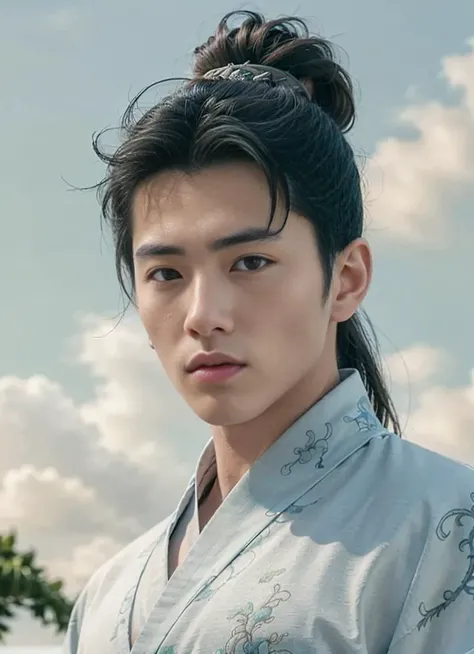 (8k, best quality, masterpiece:1.2), (realistic, photo-realistic:1.37), ultra-detailed, 1 man, young and handsome, solo, martial artist,(6k, high-quality, character design:1.2), (The depiction of Li Xiaoyao from the popular Chinese game "The Legend of Sword and Fairy":1.4), (portraying Li Xiaoyao as a young male protagonist), (with a youthful and handsome appearance), (wearing a light blue robe with white clouds patterns), (a symbol of his carefree and carelessness nature), (his hair flowing freely in the wind, with a hint of playfulness), (his eyes shining with curiosity and adventure), (a pair of slender and agile eyebrows), (conveying his agility and dexterity), ancient Chinese setting, daytime, determined expression, (resolute look:1.1), agile and swift movements, traditional Chinese attire, (swordsman:1.15), (saber stance), (brilliant swordsmanship:1.2), (fierce eyes:1.1), (heroic posture), (mountain cliff in the background), (sun rays filtering through clouds:1.2), (wind-blown hair), (aura of determination:1.1), floating hair NovaFrogStyle,(Men's hair style in ancient Han Dynasty:1.35),(Han and Tang men's clothing:1.4)