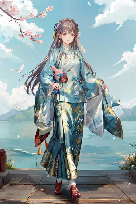 best quality, masterpiece,highly detailed,anime,1girl,hanfu,(ming hanfu),ming style outfits,short shan,mamian skirt,(overlapping collar),walking,looking at viewer,