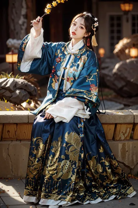 Best quality, masterpiece, ultra high res, (photorealistic:1.4), 1girl, detailed face, offshoulder, in the dark,ming style outfits, ming hanfu, bright red mamian skirt,blue long coat, low key, perfect face, extremely beautiful, hands blocked by sleeves, sit