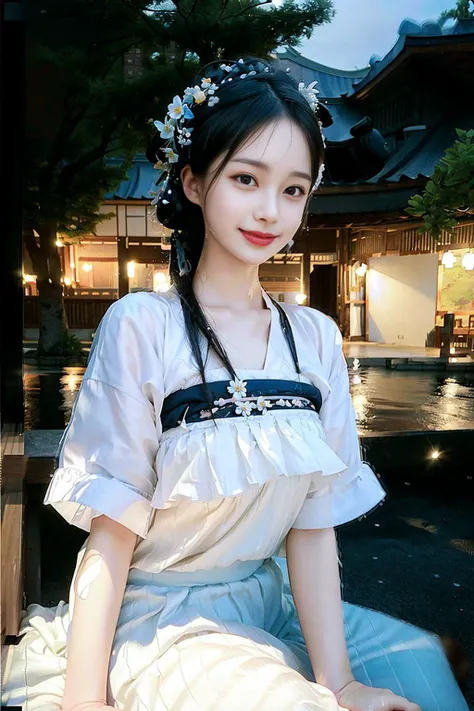 (8k, best quality, masterpiece:1.2), (realistic, photo-realistic:2),1girl, cute, sitting, dating,(smile:1.15), (closed mouth) small breasts, beautiful detailed eyes,, wet, rain, <lora:hanfu_v20:1>, (Hanfu, tang, Tang Dynasty, Tang clothing: 1.4),full body, <lora:GuoFeng3.2_Lora:1>, <lora:koreanDollLikeness_v15:1>