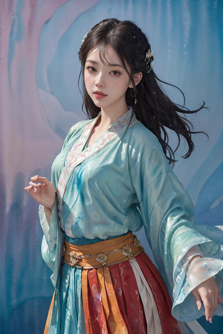 A woman in a blue and red dress is posing for a picture - SeaArt AI