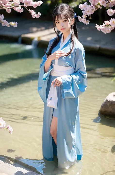 (4k, best quality), (realistic, photo-realistic),1girl , perfect hand,cute, dating, long hair, black hair, (beautiful detailed eyes),looking at viewer, smile,perfect skin, slim,standing in the water,(small breasts),slenderwaist,(slender legs), feet soaked in water,(hanstyle,hanfu,full body:1.26),skirt lift, sunny,river,clean water,(waterfall),cherry blossoms,mountain, blue sky,