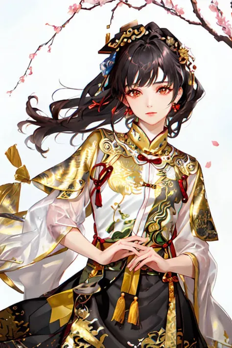 best quality, masterpiece,highly detailed,semi-realistic,1girl,upper body,hanfu,(tang hanfu), tang style outfits,wearing under shan and chest ru skirt,perfect face,glowing eyes,black hair,looking at viewer,dynamic angle,sfw,