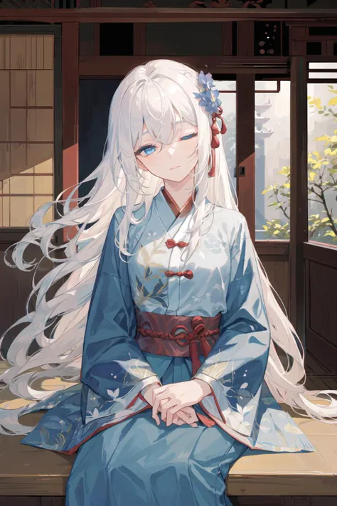 solo,
(1girl:1.3),
long_hair, long sleeves, (white hair:1.32), [hair between eyes], blue eyes, ming hanfu, ming style outfits, mamian skirt, standing collar, short coat,
(beautiful detailed face:1.1), (beautiful detailed eyes:1.14), (upper body:1.3), sitting and sleeping, (sleeping:1.1), closed eyes, head tilt, against wall, 
indoors, wooden floor, east asian architecture, <lora:hanfu_v30Ming:0.6>,  <lora:ligneClaireStyleCogecha_v40:0.33>