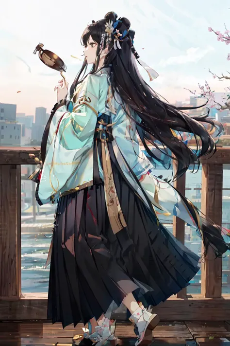 best quality, masterpiece,highly detailed,anime,1girl,mix4,(song hanfu),pleated skirt,short shan,perfect face, long hair,
