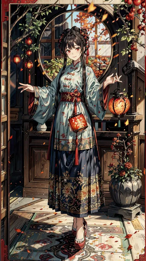 best quality, ultra high res, raw photo, masterpiece, <lora:animeoutlineV4_16:0.3>,1girl, light smile, black hair,red theme, Lanterns, firecrackers, Chinese knots,loong,<lora:animetarotV51:0.7>, <lora:hanfu_v30Ming:0.5>, <lora:add_detail:1>, <lora:hanfu_v3:0.3>