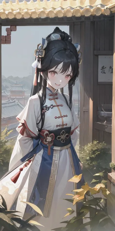((masterpiece, best quality)),solo,child, 1girl, upper body, black hair, very long hair, smile, arms behind back,  detailed background,blue sky, chinese style architecture, <lora:hanfu292.V2uA:0.75>,song style outfits,song hanfu,