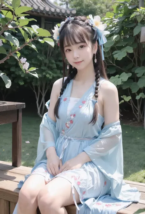 (8k, best quality, masterpiece:1.2), (realistic, photo-realistic:1.5),1girl, long hair, cute, sitting, dating, (smile:1.15), (closed mouth) medium breasts, beautiful detailed eyes, <lora:hanfu_v20:0.5>,(Hanfu, tang, Tang Dynasty, Tang clothing: 1.4),full body, <lora:3loraGuofeng3Lora_v32LoraBigLight:0.5>, <lora:liyuuLora_liyuuV1:0.5>, ((topless)), ((sky blue bra)), ((breeze)), flying splashes, flying petals, wind,