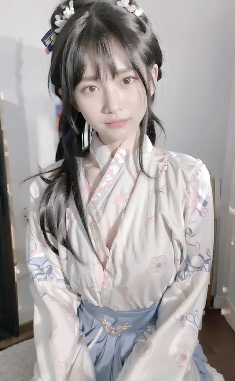 Master quality, highest quality, best picture quality, exaggerated details, a cute old asian with a shy expression, slightly squinted eyes, adjusting her hair, long eyelashes (long hair / very, very exaggerated big breasts _ tits / in hanfu chinese et body, thin cloth embossed pattern, short skirt), posing sit in front of the camera, wet throught rain, wet body, thin cloth embossed pattern