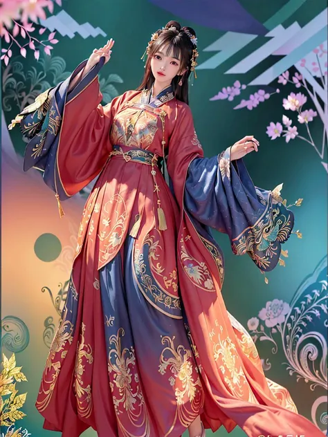 (masterpiece, top quality, best quality, official art, beautiful and aesthetic:1.2), extremely detailed,(fractal art:1.2),colorful,highest detailed,(zentangle:1.2), (dynamic pose), (abstract background:1.5), (many colors:1.4), 1 girl, (MF-SD15-V1:0.8), black hair, hanfu, tang style, <lora:hanfu_v30:0.5>, cherry blossom season,
