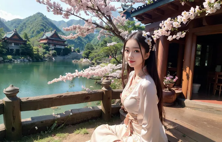 (8k, best quality, masterpiece:1.2), (realistic, photo-realistic), (1girl), solo, detailed golden eyes, long hair, sitting, close to viewer, <lora:hanfu_v20:0.5>, <lora:3loraGuofeng3Lora_v32LoraBigLight:0.5>, (Hanfu, ming, ming Dynasty, ming clothing: 1.4), light smile, (arms behind back), water, sunny, (Sakura bloom), snow mountain lake in the background, <lora:koreanDollLikeness_v15:0.5>,