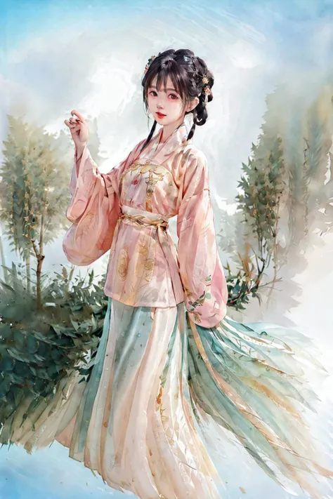 best quality, intricate details, highres,(beautiful detailed water:1.4),(hanfu, tang style),<lora:hanfu_v30:0.6>, <lora:Colorwater_v4:0.8>