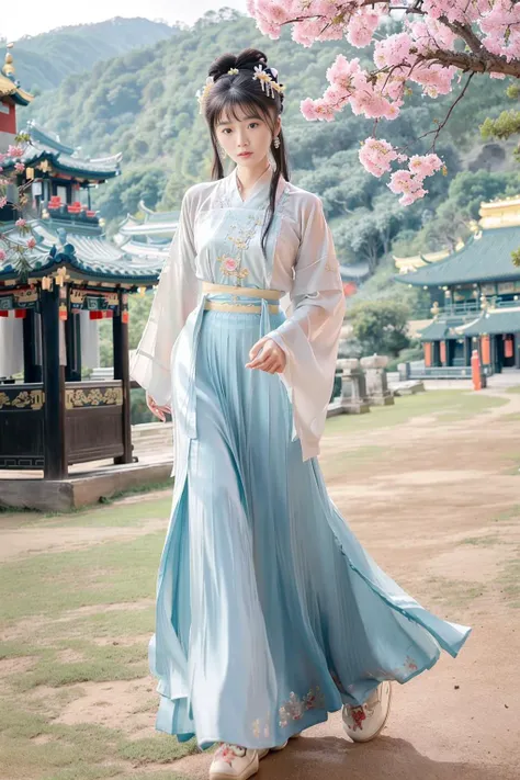 medium shot portrait of a 19 year old elegant (Maggie Cheung, (Brigitte Lin:0.75), Kathy CHAU, (Crystal Liu:0.5)) girl with black hair, stood by the river, with a high mountain behind her, which is covered with many temples from the foot to the top of the mountain, many pavilions in the temples, many ancient chinese attics, (best quality, masterpiece: 1.1), (realistic, photo-realistic: 1.1), beautiful detailed eyes,<lora:hanfu_v29:0.8>, tang hanfu, (tang style outfits, 1girl wearing a long skirt with cropped sleeve,a long skirt fell to the floor,overlapping collar:1.2),(full body:1.3),<lora:taiwanBullEyes:0.2>, <lora:cuteGirlMix4_v10:0.4>,mix4,