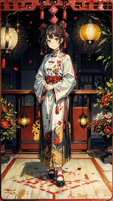best quality, ultra high res, raw photo, masterpiece, <lora:animeoutlineV4_16:0.3>,1girl, light smile, black hair,red theme, Lanterns, firecrackers, Chinese knots,loong,<lora:animetarotV51:0.7>, <lora:hanfu_v30Ming:0.5>, <lora:add_detail:1>,