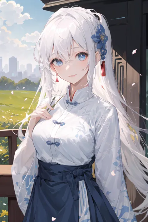 solo,
(1girl:1.3),
long_hair, long sleeves, (white hair:1.32), [hair between eyes], blue eyes, ming hanfu, ming style outfits, mamian skirt, standing collar, short coat, 
light smile,
(beautiful detailed face:1.1), (beautiful detailed eyes:1.14), standing, (upper body:1.3),
spring, cityscape, meadow, stone path, fence, falling petals, blue sky, stratocumulus, <lora:ligneClaireStyleCogecha_v10:1>, <lora:hanfu_v30Ming:0.6>