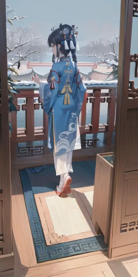 ((masterpiece, best quality)),solo,child, 1girl, full body, black hair, very long hair, smile, arms behind back,  detailed background,blue sky, chinese style architecture, <lora:hanfu292.V2uA:0.75>,Ming style outfits,Ming hanfu,snowing,