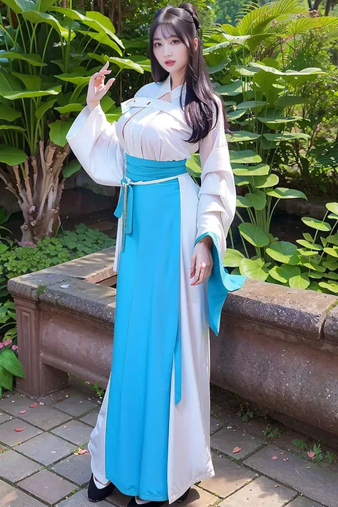 masterpiece, best quality, 1girl, aqua eyes, black hair, closed mouth, solo, half body,huge breast,alluring, outdoor,clean, beautiful face, pure face, pale skin, sexy pose, long hair, ((perfect female figure)), mature female, milf, narrow waist, ming hanfu, (short coat and mamian skirt,overlapping collar)