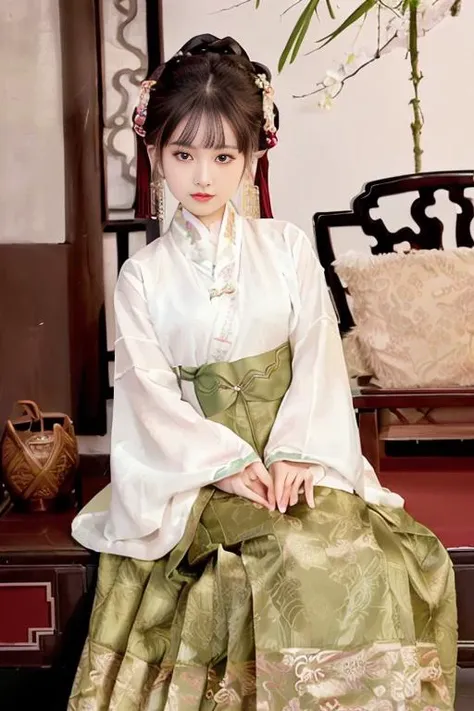 RAW, symmetrical,High detail RAW color photo professional close photograph, full figure, slow motion, (sexy:1.2),(mid breasts),(beautiful:1.1),(attractive),handsome,calendar pose,perfectly detailed eyes,<lora:hanfu_v30Ming:0.8>, (ming hanfu:1.3), (1girl sit on be, wearing ming style outfits, short coat, mamian skirt, overlapping collar:1.2),(full body: 1.3),<lora:taiwanDollLikeness_v10:0.15>