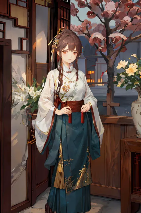 best quality, masterpiece,highly detailed,anime,1girl,hanfu,(ming hanfu),ming style outfits,short shan,mamian skirt,overlapping collar,walking,looking at viewer,