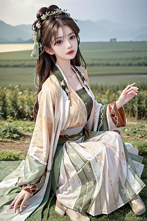 extremely detailed CG unity 8k wallpaper,(masterpiece),(best quality),(ultra detailed),(ultra realistic),(Best character details:1.2),dynamic angle,professional lighting, photon mapping, radiosity, physically-based rendering,blush,golden proportions,(shiny skin),makeup, (wavy gray hair and a sophisticated sense of style),(parted lips:1.1),red lipstick,wide shoulders, <lora:hanfu_v30Song:0.75>, (hanfu, song style outfits, 1girl, light yellow with green with white short shan, light yellow with green with white pleated skirt, (red songmo: 1.2)),(Sky of background: 1.4),(full body: 1.2),looking at viewer,<lora:taiwanDollLikeness_v10:0.25>,