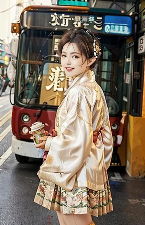 hyper realistic lifelike texture dramatic lighting unrealengine trending on artstation,award winning photo,nikon RAW photo,8 k,Fujifilm XT3,masterpiece, best quality, realistic, photorealistic,ultra detailed,blurry background,
1 girl siting in bus station, short bob cut, black hair, long eyelashes, blush, applying makeup, fullbody shot, tall,blush,  wear sneakers, walking on the street of Shanghai, holding coffee mug, small handbag, holding iphone,  smile,
wearing ming style outfits, ming hanfu, ming style outfits, short coat, mamian skirt, silk coat,
extremely detailed coat,
extremely detailed face,
extremely detailed face,
skyscraper in the background, sunset,