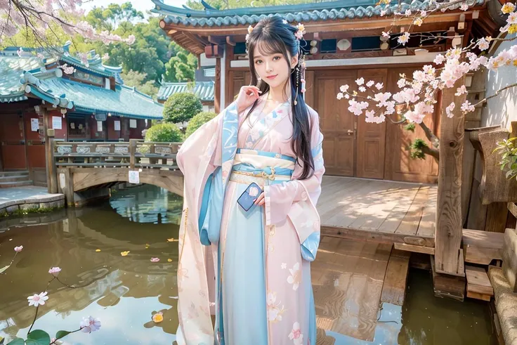 (4k, best quality), (realistic, photo-realistic),1girl , perfect hand,cute, dating, (nose blush),
 beautiful detailed eyes,(looking at viewer),
(smile), (small breasts),
wearing tang style,<lora:japaneseDollLikeness_v10:0.3>,<lora:hanfu_v29:0.7>,
(shirtlift:1.16),(tang style,hanfu,full body:1.2),
<lora:3loraGuofeng3Lora_v32LoraBigLight:0.6>,river,clean water,(sunny),cherry blossoms