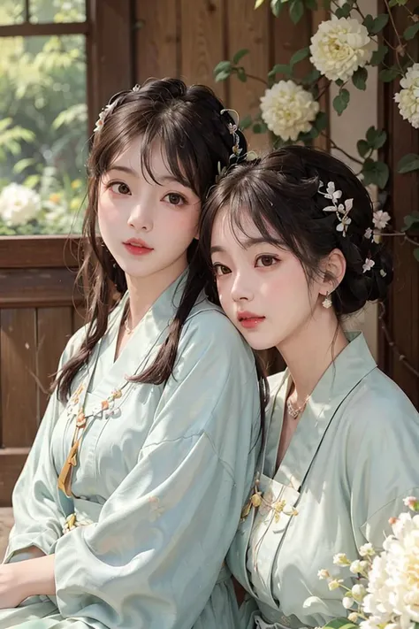 best quality,(masterpiece:1.2),photo realistic, raw photo,colorful,(low key), <lora:hanfu_v30:0.5>, peonies blooming season, looking at viewer,
2 girls,left girl, (MarileeSD15b:0.8), pearl earrings, hanfu, tang style, right girl, (lis4man0ban:0.8), hanfu, ming style,
BREAK