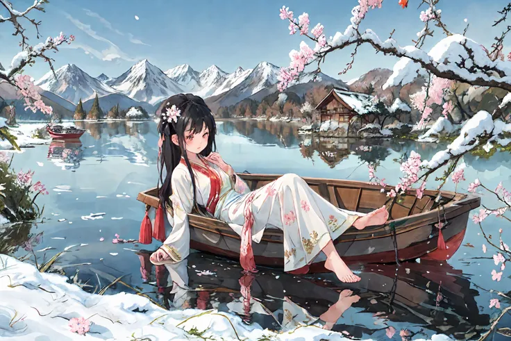 <lora:hanfu_v30:0.5> hanfu, song style, 1girl, lake, water, reflection, blue sky, snowy mountains in the distance, plum blossom view by the lake, (lie on on boat:1.2), (bare foot:1.2)
masterpiece, best quality, more detail, plumw,