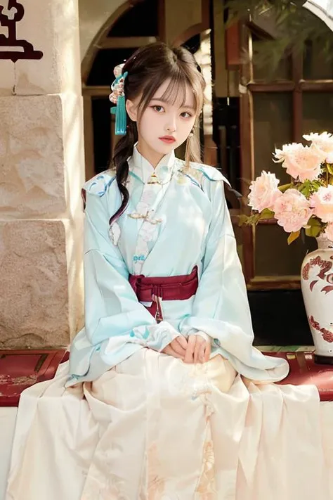 RAW, symmetrical,High detail RAW color photo professional close photograph, full figure, slow motion, (sexy:1.2),(mid breasts),(beautiful:1.1),(attractive),handsome,calendar pose,perfectly detailed eyes,<lora:hanfu_v30Ming:0.8>, (ming hanfu:1.3), (1girl sit on be, wearing ming style outfits, short coat, mamian skirt, overlapping collar:1.2),(full body: 1.3),<lora:Korean-doll-likeness:0.15>
