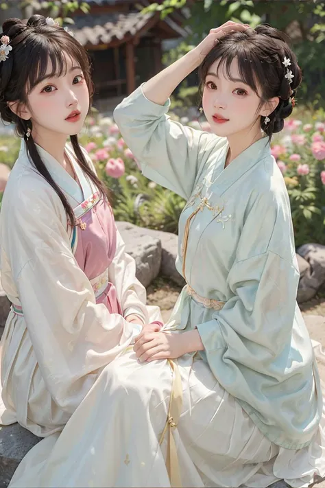 best quality,(masterpiece:1.2),photo realistic, raw photo,colorful,(low key), <lora:hanfu_v30:0.5>, peonies blooming season, looking at viewer,
2 girls,left girl,(MarileeSD15b:0.8),black hair, pearl earrings, hanfu, tang style, right girl, (lis4man0ban:0.8), brown hair, hanfu, ming style,
BREAK