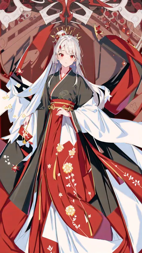 (((masterpiece))),(((bestquality))),((ultra-detailed)),(illustration),((anextremelydelicateandbeautiful)),hanfu,tang style,dynamicangle,floating,(beautifuldetailedeyes),(detailedlight) (1girl), solo, floating_hair,glowingeyes,white hair,long hair,red eyes,red background, <lora:animeTarotCardArtStyleLora_v31:1> <lora:hanfu_v30:0.6>
