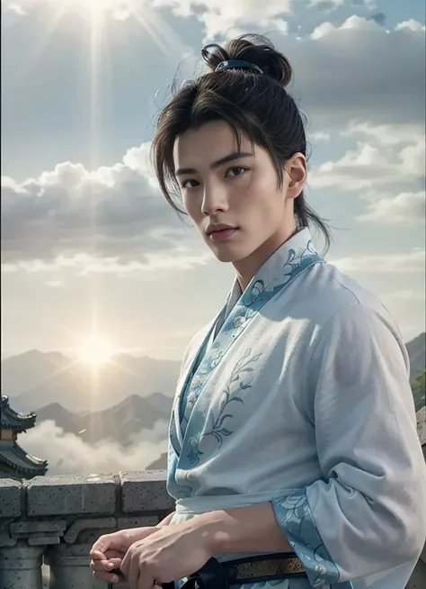 (8k, best quality, masterpiece:1.2), (realistic, photo-realistic:1.37), ultra-detailed, 1 man, young and handsome, solo, (martial artist:1.2),(6k, high-quality, character design:1.2), (The depiction of Li Xiaoyao from the popular Chinese game "The Legend of Sword and Fairy":1.4), (portraying Li Xiaoyao as a young male protagonist), (with a youthful and handsome appearance), (wearing a light blue robe with white clouds patterns), (a symbol of his carefree and carelessness nature), (his hair flowing freely in the wind, with a hint of playfulness), (his eyes shining with curiosity and adventure), (a pair of slender and agile eyebrows), (conveying his agility and dexterity), ancient Chinese setting, daytime, determined expression, (resolute look:1.1), agile and swift movements, traditional Chinese attire, (swordsman:1.15), (saber stance), (brilliant swordsmanship:1.2), (fierce eyes:1.1), (heroic posture), (mountain cliff in the background), (sun rays filtering through clouds:1.2), (wind-blown hair), (aura of determination:1.1), floating hair NovaFrogStyle,(Men's hair style in ancient Han Dynasty:1.35),(Han and Tang men's clothing:1.4)