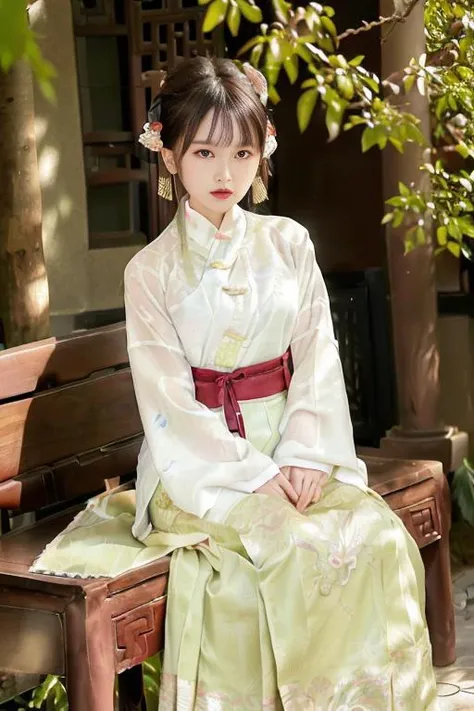 RAW, symmetrical,High detail RAW color photo professional close photograph, full figure, slow motion, (sexy:1.2),(mid breasts),(beautiful:1.1),(attractive),handsome,calendar pose,perfectly detailed eyes,<lora:hanfu_v30Ming:0.8>, (ming hanfu:1.3), (1girl sit on be, wearing ming style outfits, short coat, mamian skirt, overlapping collar:1.2),(full body: 1.3),<lora:Korean-doll-likeness:0.15>