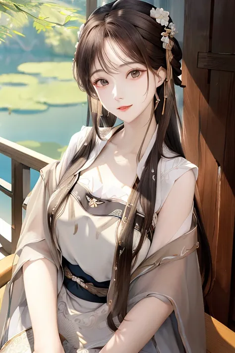 upper body, oil painting, masterpiece, best quality, highres, <lora:koreanDollLikeness_v15:0.5>, long brown hair, jewelry hairpin, breast, riverside and chair, sitting, song Dynasty, song clothing, <lora:hanfuChinese_v20:1>