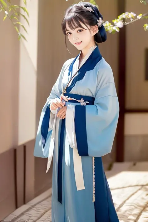 (RAW photo:1.2),(photorealistic:1.4),(masterpiece:1.3),(best quality:1.4),ultra high res, solo focus,dreamlike, (detailed eyes),(detailed facial features), skin tight, (shiny skin),(slender girl),(slim girl),(beautiful face),smooth abdomen,barefoot, <lora:virtualgirlRen_v10:0.3>,VirtualGirl-Ren, bangs, small breasts, ponytail hair, black hair, blue eyes, <lora:hanfu_v28:1>, hanfu, jinstyle, (smile), blush,bashfully,cute,full body,