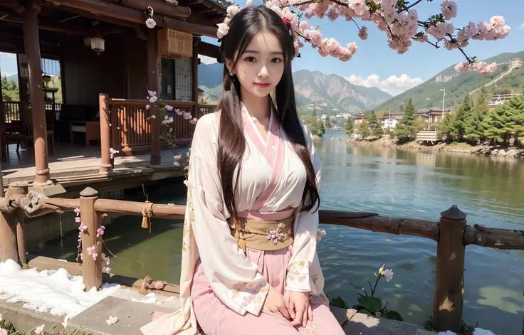 (8k, best quality, masterpiece:1.2), (realistic, photo-realistic), (1girl), solo, detailed golden eyes, long hair, sitting, close to viewer, <lora:hanfu_v20:0.5>, <lora:3loraGuofeng3Lora_v32LoraBigLight:0.5>,   (Hanfu, han, han Dynasty, han clothing: 1.4),  light smile,  (arms behind back), water, sunny, (Sakura bloom),  snow mountain lake in the background, <lora:koreanDollLikeness_v15:0.5>,