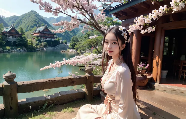 (8k, best quality, masterpiece:1.2), (realistic, photo-realistic), (1girl), solo, detailed golden eyes, long hair, sitting, close to viewer, <lora:hanfu_v20:0.5>, <lora:3loraGuofeng3Lora_v32LoraBigLight:0.5>, (Hanfu, ming, ming Dynasty, ming clothing: 1.4), light smile, (arms behind back), water, sunny, (Sakura bloom), snow mountain lake in the background, <lora:koreanDollLikeness_v15:0.5>,