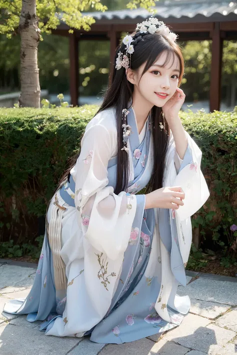(8k, best quality, masterpiece:1.2), (realistic, photo-realistic),1girl, cute, ((crawl)), dating,(smile:1.15), (closed mouth) small breasts, beautiful detailed eyes, (Hanfu, ming, ming Dynasty, ming clothing: 1.4),full body, <lora:koreanDollLikeness_v15:0.5>, <lora:3loraGuofeng3Lora_v32LoraBigLight:0.5>, <lora:hanfu_v20:0.5>,