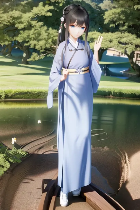 (masterpiece, best quality, extremely detailed CG, beautiful detailed eyes, ultra-detailed, intricate details:1.2), 8k wallpaper, elaborate features, (1girl, solo:1.4), <lora:YOYOLUMIMihoyo_10:0.8>, <lora:hanfu_v28:0.6>, (full body:1.5), shy, blush, standing, ponytail, hair ornament, medium breasts, (jinstyle, jin clothing, hanfu:1.4), outdoors, (Chinese style garden:1.4), Evening, summer, windy, ultra-detalied face, ultra-detailed background,