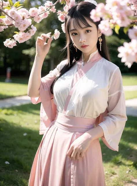 masterpiece, best quality, masterpiece,best quality,official art,extremely detailed,CG,unity,8k wallpaper,(1girl),1girl wearing tangstyle,full blush,beautiful face,hair bow,long hair,looking at viewer,standing, hand on hip,(tangstyle,hanfu),flower field,day,cherry blossoms,realistic, photo, real, landscape/scenery, <lora:hanfu_v28:0.6>,<lora:koreandolllikeness_V10:0.2>
