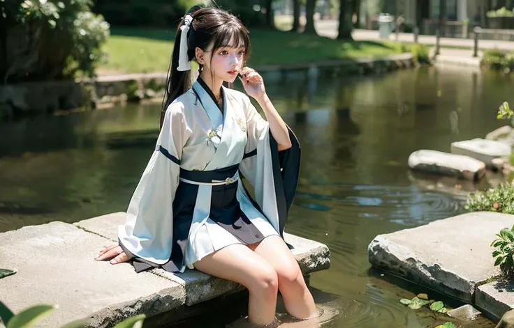 (8k, best quality, masterpiece:1.2), (realistic, photo-realistic:1.37), ultra-detailed,
<lora:3loraGuofeng3Lora_v32LoraBigLight:0.68>,<lora:cuteGirlMix4_v10:0.5>,
1girl, solo, facing viewer, (full body),
outdoors,river,tree, sunny,blue sky, mountain in back,
black hair, long hair, ponytail,perfect hand,
cute,(looking at viewer),(beautiful detailed eyes), (beautiful detailed face),perfect skin,
small breasts,slender legs,wet,sitting,
<lora:hanfu28:0.7> (tangstyle,hanfu),