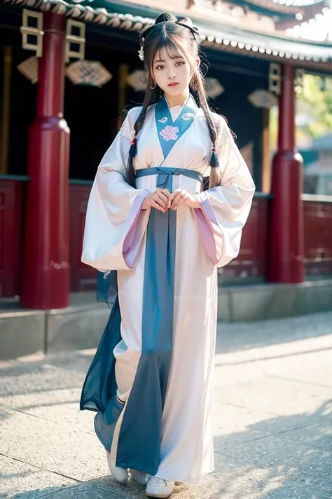 (4k, best quality), (realistic, photo-realistic), perfect hand,cute, dating, (nose blush), (closed mouth) small breasts, beautiful detailed eyes,1girl wearing tangstyle,<lora:japaneseDollLikeness_v10:0.3>,(tangstyle,hanfu,full body:1.2) , <lora:hanfu_v28:0.7>