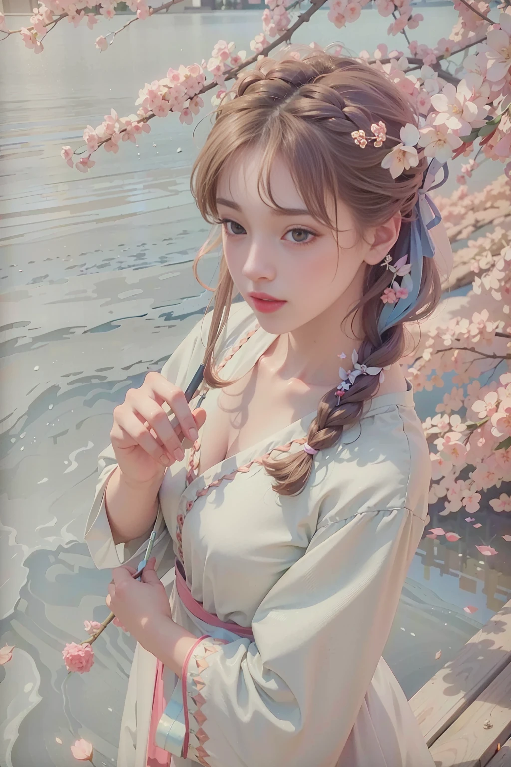 best quality,(RAW photo:1.2),(masterpiece:1.4),(photorealistic:1.4),(highres:1.4),
1girl, long hair, braid, butterfly, depth of field, from above,
hanami, cherry blossoms, lake, beautiful detailed water, long eyelashes,
pureerosface_v1, <lora:hanfu_v28:0.8>, hanfu,