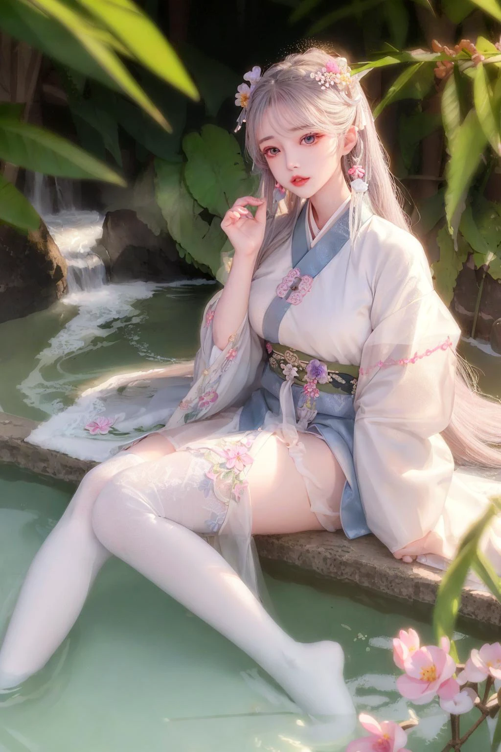 best quality, realistic, highres,masterpiece,photorealistic, ultra realistic 8k cg,perfect artwork,epic,intricate detail, delicate pattern,
1girl wearing hanstyle,beautiful girl,gorgeous goddess, deity,flawless,sexy,charming,seductive,erotic, alluring, enchanting, nsfw,
perfect female body,mature female,shiny skin, skindentation, narrow waist, full body, huge breasts, puffy nipples,
picture-perfect face,perfect face, beautiful face,looking at viewer,absurdly long hair, hair ribbon, hair flower, glowing eyes,
<lora:hanfu_v28:0.5>,(hanstyle,hanfu,han clothing),white thighhighs,
onsen, valley,waterfall, bamboo, transpiration of water vapor,sunlight,fog,<lora:koreanDollLikeness_v10:0.3>,<lora:taiwanDollLikeness_v10:0.2>,<lora:japaneseDollLikeness_v10:0.1>, <lora:chilloutmixss_xss10:0.2> ulzzang-6500-v1.1:0.5