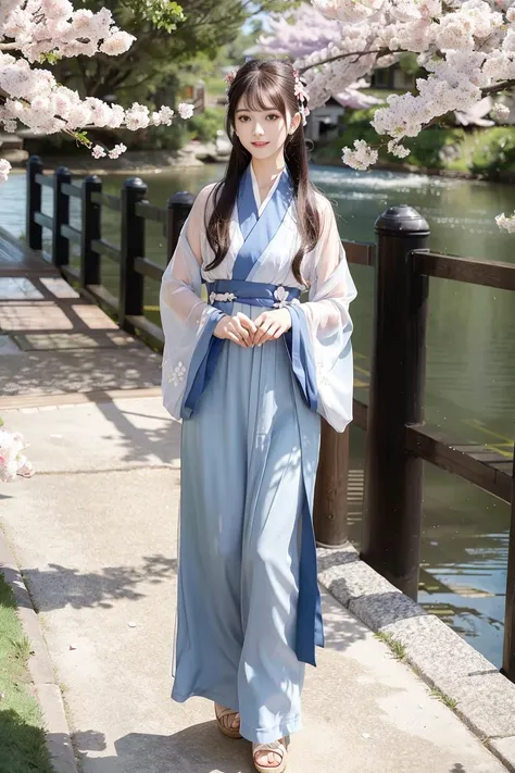 (4k, best quality), (realistic, photo-realistic),1girl ,
perfect hand,cute, dating, long hair, black hair,
(beautiful detailed eyes),looking at viewer, smile,
<lora:japaneseDollLikeness_v10:0.3>,perfect skin,
slim,standing,(small breasts),slenderwaist,
<lora:hanfu_v28:0.7>,(tangstyle,hanfu,full body:1.26),
<lora:3loraGuofeng3Lora_v32LoraBigLight:0.64>,
sunny,blue sky, river,clean water,wooden bridge,cherry blossoms,