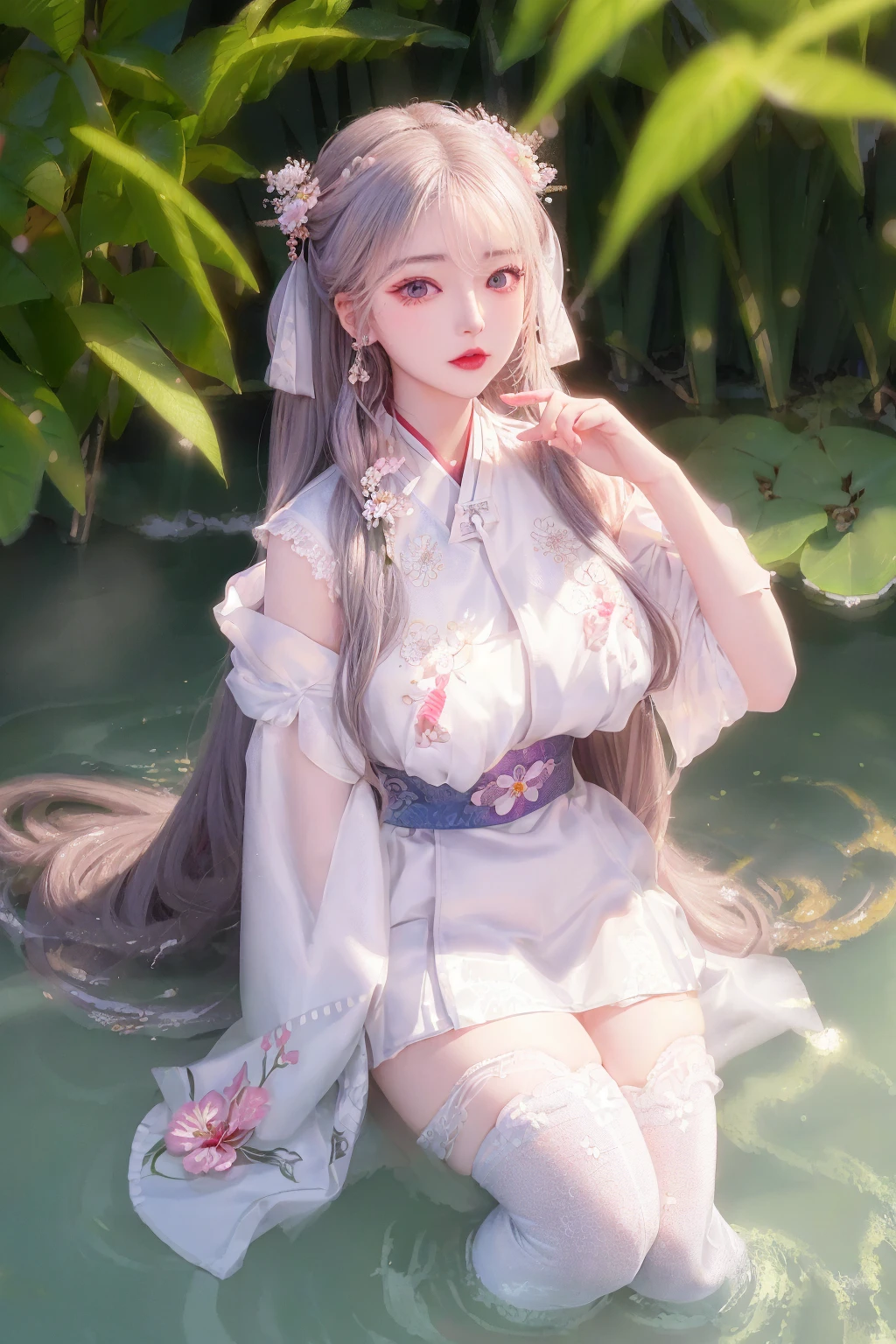 best quality, realistic, highres,masterpiece,photorealistic, ultra realistic 8k cg,perfect artwork,epic,intricate detail, delicate pattern,
1girl wearing hanstyle,beautiful girl,gorgeous goddess, deity,flawless,sexy,charming,seductive,erotic, alluring, enchanting, nsfw,
perfect female body,mature female,shiny skin, skindentation, narrow waist, full body, huge breasts, puffy nipples,
picture-perfect face,perfect face, beautiful face,looking at viewer,absurdly long hair, hair ribbon, hair flower, glowing eyes,
<lora:hanfu_v28:0.5>,(hanstyle,hanfu,han clothing),white thighhighs,
onsen, valley,waterfall, bamboo, transpiration of water vapor,sunlight,fog,<lora:koreanDollLikeness_v10:0.3>,<lora:taiwanDollLikeness_v10:0.2>,<lora:japaneseDollLikeness_v10:0.1>, <lora:chilloutmixss_xss10:0.2> ulzzang-6500-v1.1:0.5