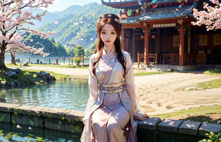 (masterpiece:1.2), (realistic, photo-realistic), (1girl), solo, detailed golden eyes, long hair, sitting, close to viewer, <lora:hanfu_v28:0.5>, <lora:3loraGuofeng3Lora_v32LoraBigLight:0.5>, (Hanfu, ming, ming Dynasty, ming clothing: 1.4), light smile, (arms behind back), water, sunny, (Sakura bloom), snow mountain lake in the background, <lora:koreanDollLikeness_v15:0.5>,