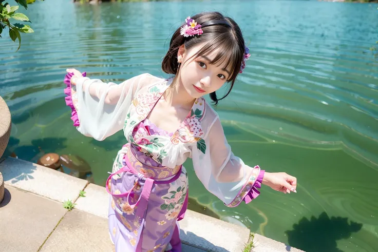 (4k, best quality), (realistic, photo-realistic),1girl,
wearing tangstyle,looking at viewer,
perfect hand,cute, dating, (nose blush), (closed mouth), beautiful detailed eyes,
long hair, black hair,
slim girl,((small breasts)),round boobs,beautiful breasts, (pink nipples),water splashed on the chest,
<lora:shirtliftALORAFor_shirtliftv1:0.6>,(shirtlift), slender legs,
<lora:japaneseDollLikeness_v10:0.3>,
<lora:hanfu_v28:0.7>,(tangstyle,hanfu,full body:1.2),
river, clean water,sunny,blue sky