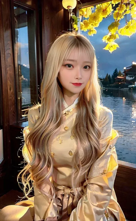 (8k, best quality, masterpiece:1.2), (realistic, photo-realistic), (1girl), solo, detailed golden eyes, long hair, sitting, close to viewer, <lora:hanfu_v20:0.5>, <lora:3loraGuofeng3Lora_v32LoraBigLight:0.5>, (Hanfu, ming, ming Dynasty, ming clothing: 1.4), light smile, (arms behind back), water, sunny, (Sakura bloom), snow mountain lake in the background,<lora:koreandolllikeness_V10:1>