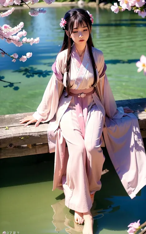 best quality,(RAW photo:1.2),(masterpiece:1.4),(photorealistic:1.4),(highres:1.4), 1girl, long hair, floating hair, hand fan, depth of field, from above, hanami, cherry blossoms, lake, beautiful detailed water, goldfish, pureerosface_v1, <lora:hanfu_v28:0.8>, hanfu, tangstyle,